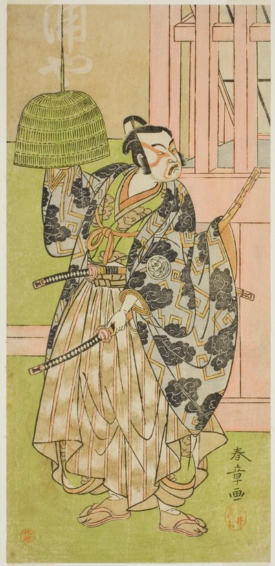 1771 年 8 月在市村剧场演出的《京成名古屋大比》中饰演福娃班左卫门的演员市村右左卫门九世 作者 胜川俊章