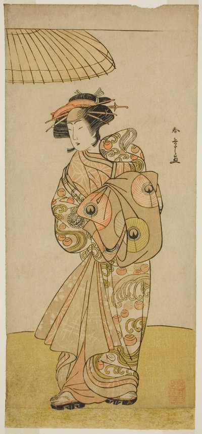 1777 年 11 月在市村剧场演出的剧目《崎政也梅之卡奇多吉》中饰演花魁浪和子的演员生岛大吉三世 作者 胜川俊章