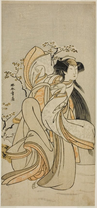 1776 年 11 月在森田剧场演出的话剧《曳光太平记》中饰演博多小五郎的演员岩井半四郎。 作者 胜川俊章