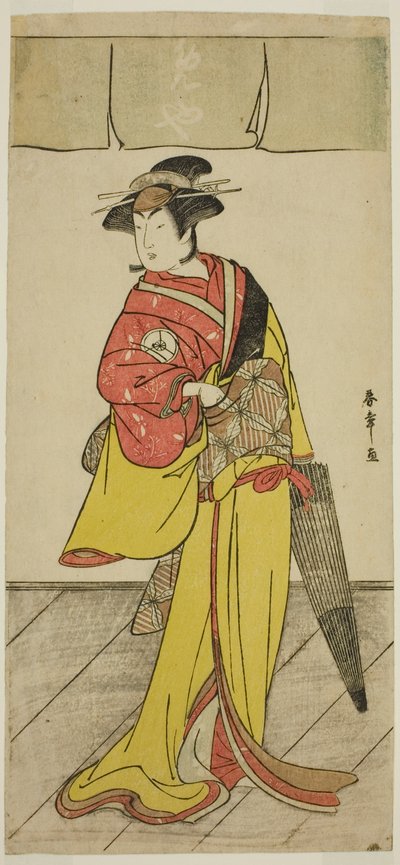 1789 年第四个孟夏在市村剧场演出的戏剧《鲤鱼之游》（Koi no Yosuga Kanagaki Soga）中饰演大须和的演员岩井半四郎（Iwai Hanshiro IV）。 作者 胜川俊章