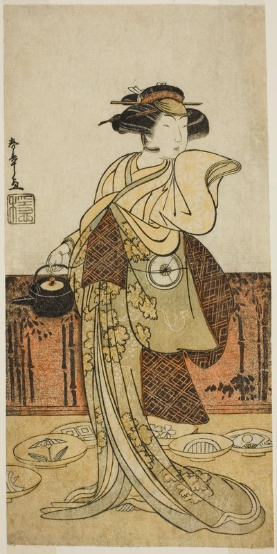 1779 年正月在中村剧场演出的话剧《五桧念曾我》中饰演月佐代的演员岩井半四郎。 作者 胜川俊章
