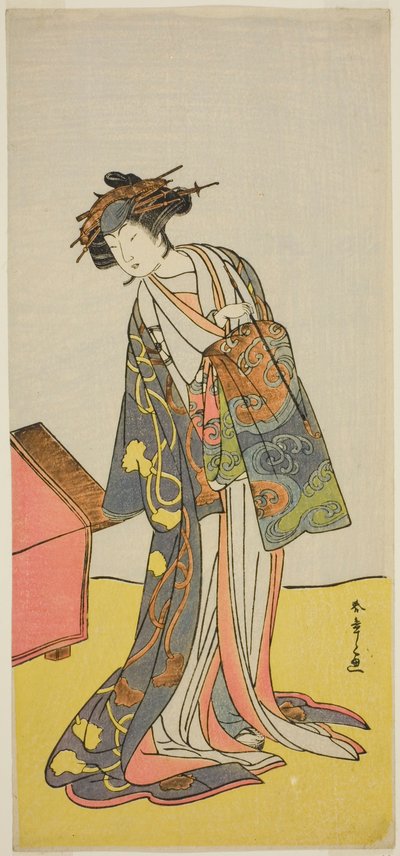 1776 年 3 月在市村剧场演出的话剧《淑禄雪里的初樱》中饰演歌妓上卷的演员岩井半四郎。 作者 胜川俊章