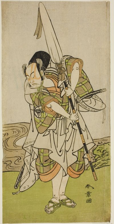 1773 年 11 月在森田剧场演出的话剧 "Onna Aruji Hatsuyuki no Sekai "中饰演伪装成王室仆人的朝原八郎的演员中村朱藏二世 作者 胜川俊章