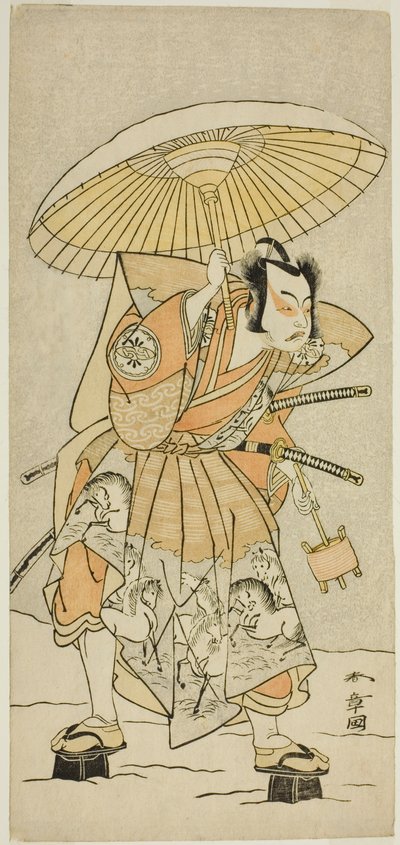 1772 年 11 月在森田剧场演出的《伊豆五代目柴之干支》中饰演梶原元太鹿儿木的演员中村朱藏二世 作者 胜川俊章