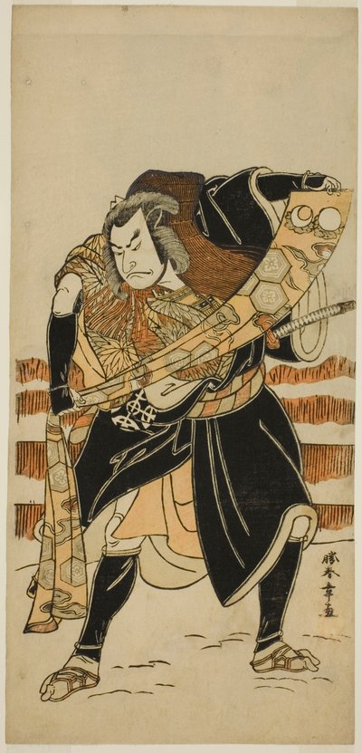 1778 年 11 月在森田剧场（？）演出的《伊达西岐翠之汤》中饰演阿部贞人的演员中村中藏一世（？ 作者 胜川俊章