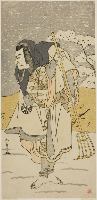 1777 年 11 月在市村剧场演出的话剧《Chigo Torii Tobiiri Kitsune》中扮演伪装成朝圣者的 Akugenda Yoshira 的演员 Nakamura Nakazo I 作者 胜川俊章