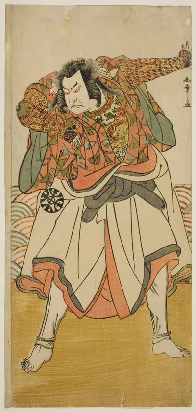1780 年 11 月在中村剧场演出的《Kitekaeru Nishiki no Wakayaka》一剧中饰演伪装成苦行僧的钦则八郎玉友的演员中村中藏一世 作者 胜川俊章