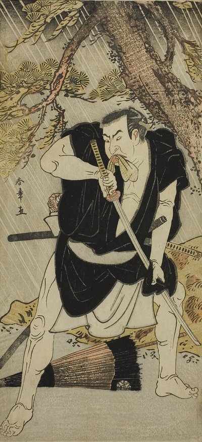 演员中村仲三（Nakamura Nakazo I）在市村剧场演出的话剧《金德本忠村》中饰演小野贞九郎（Kanadehon Chushingura，6 月演出）。 作者 胜川俊章