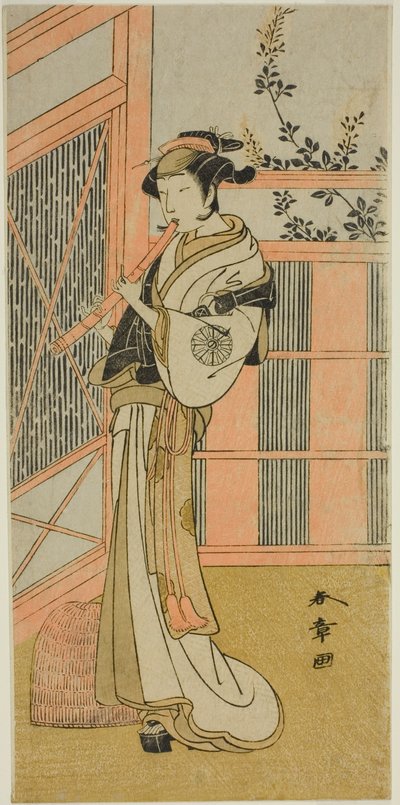 1772年2月在森田剧场上演的戏剧 "Kosode-gura no Tekubari "中，饰演伪装成驹子的美佐的演员中村野志雄（Nakamura Noshio I）（？ 作者 胜川俊章