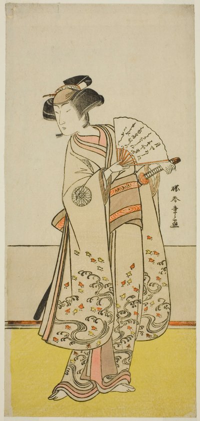 1775 年正月在森田剧场（？）上演的《志田由栗社贺来曾我》中饰演大矶之鸟的演员中村能代（？ 作者 胜川俊章