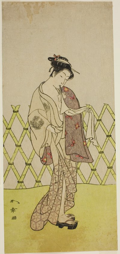 1773 年 8 月在市村剧场演出的话剧《四天王寺登美人》中饰演博多小十郎的演员中村理子一世（？ 作者 胜川俊章