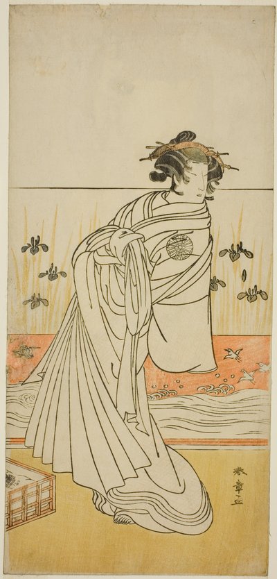 1777 年 9 月在中村剧场演出的剧作《Koi Nyobo Somewake Tazuna》中饰演宫女富山的演员中村富十郎一世 作者 胜川俊章