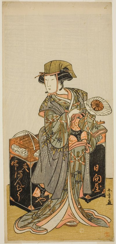 1777 年 11 月在市村剧场演出的话剧《Chigo Torii Tobiiri Kitsune》中饰演豆饼女贩子日向屋的演员中村富十郎一世 作者 胜川俊章