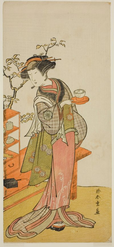 1777 年正月在中村剧场演出的话剧《ちょうすずり青柳曾我》中饰演女招待大竹的演员中村富十郎一世 作者 胜川俊章