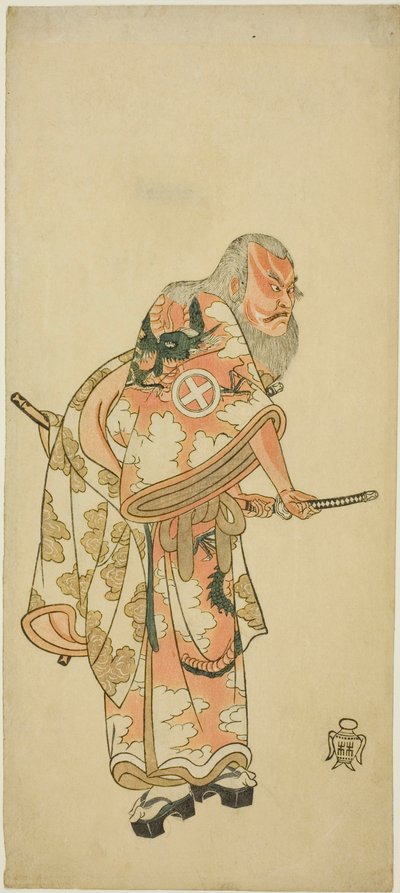 演员大谷广右卫门三世（Otani Hiroemon III）在 "曾我戏--布什莺报春"（Hitokidori Harutsuge Soga）中的 "Sukeroku "场景中扮演姬之伊奎（Hige no Ikyu）。 作者 胜川俊章