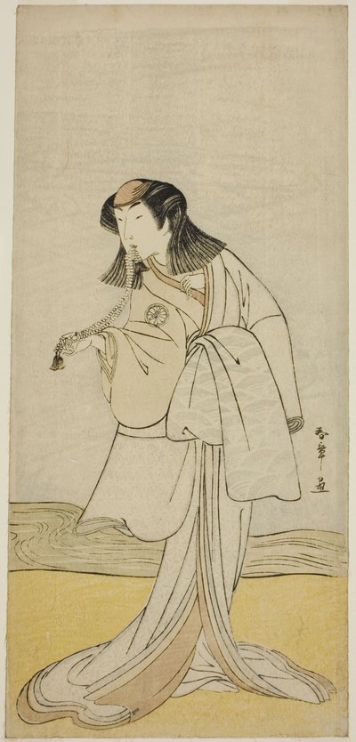 1780 年二月在市村剧院演出的戏剧《Ume-goyomi Akebono Soga》中饰演三浦之片盖的演员濑川菊之条三世（Segawa Kikunojo III as Miura no Katagai Disuigsed as the Nun Narukami）。 作者 胜川俊章