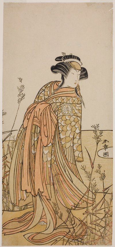 1775 年 11 月在中村剧场演出的《花灯源氏喜姬》中饰演鸳鸯精（Oshidori）的演员濑川菊之条三世（1775 年 11 月在中村剧场演出的《花灯源氏喜姬》中饰演鸳鸯精（Oshidori））。 作者 胜川俊章