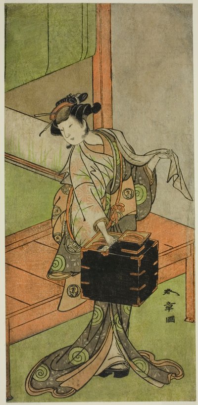1772年2月在森田剧场上演的戏剧《Kosode-gura no Tekubari》中饰演伪装成理发师的宫城野的演员山下金作二世（？） 作者 胜川俊章