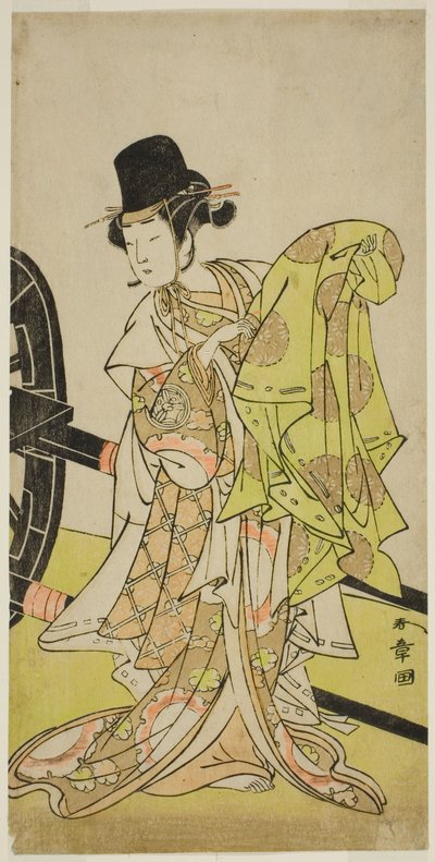 1773 年 7 月在森田剧场演出的话剧《宫吹岩尾之布泰》中饰演樱丸的演员山下金作二世（Yamashita Kinsaku II as Tsukimasu 作者 胜川俊章