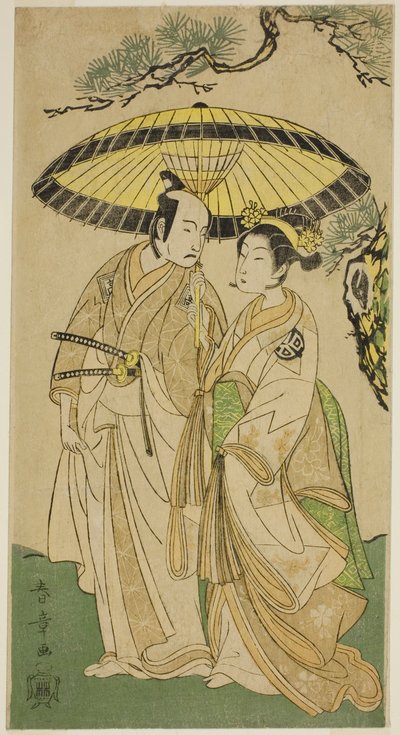 演员岚雏治一世（右）和市川驹藏二世（左），在 1769 年 3 月于中村剧场（？）上演的《曾我莫言爱吾若松》（？ 作者 胜川俊章