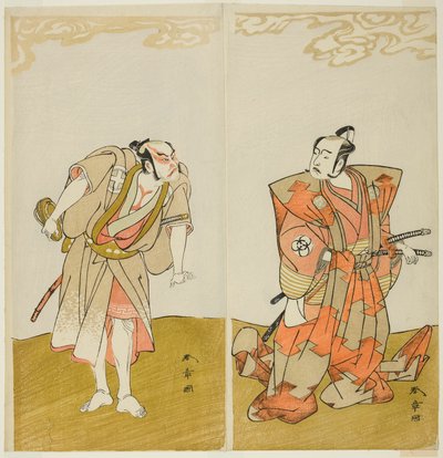 演员 Bando Mitsugoro I 饰演畑之川胜（右），Otani Hiroemon III 饰演男仆（Yakko）Gansuke（左），在森田剧场演出的话剧《Miya-bashira Iwao no Butai》（《石柱上的神社》）中饰演畑之川胜（右），Otani Hiroemon III 饰演男仆（Yakko）Gansuke（左）。 作者 胜川俊章