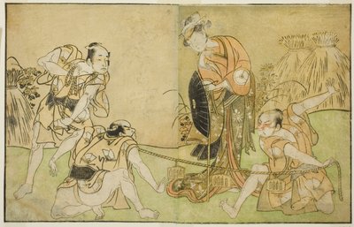 11 月在中村剧场上演的《鵺之森一叶之马托》中饰演长桥三郎的演员万户善治（一世）、饰演大津鬼宗的岩井半四郎、饰演羽衣宇治宗的中村近造以及一名身份不明的演员（从右至左）、 作者 胜川俊章