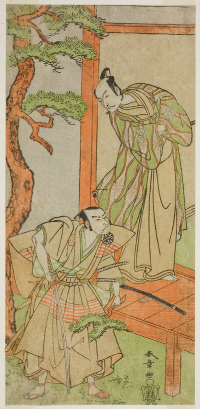 1771 年五月在中村剧场演出的戏剧《金德本中村》中饰演桃之井若三之助的演员市川团十郎五世（右）和饰演加古川本藏的中村中藏一世（左）。 作者 胜川俊章