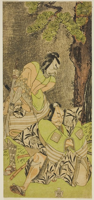1770 年 11 月在中村剧场上演的《鵺之森一叶之马托》中饰演伊之隼田（右）的演员市川团藏三世和饰演大田太郎景宗（左）的松本幸四郎二世 作者 胜川俊章