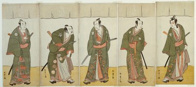 演员市川门之助二世饰演狩金文七、万户光五郎一世饰演安之兵卫、市川团十郎五世饰演五音仙门、中村助五郎二世饰演上刈庄九郎、坂田恒五郎二世饰演穗平一门（从右至左），在《五千夫》（Gonin Otoko）中饰演狩金文七、万户光五郎一世饰演安之兵卫、市川团十郎五世饰演五音仙门、中村助五郎二世饰演上刈庄九郎、坂田恒五郎二世饰演穗平一门（从右至左）。 作者 胜川俊章