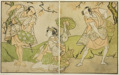 演员市川染五郎（右）、濑川菊之条二世（中）和万户三八（左），在 1770 年 11 月于市村剧场上演的话剧 "Myoto-giku Izu no Kisewata "中扮演的角色不详 作者 胜川俊章
