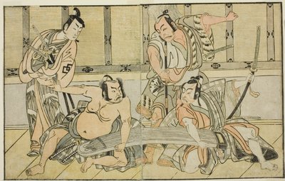 演员 Ichikawa Yaozo II 饰演 Kujaku no Saburo、Matsumoto Koshiro II 饰演 Hata no Daizen Taketora、Nakajima Mihoemon II 饰演 Aramaki Mimishiro，以及 Nakamura Shocho I 饰演 Ki no Tsurayuki（从右至左），在 "Kuni no Hana Ono no Itsumoji "剧中饰演 "泷"。 作者 胜川俊章