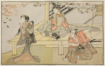 1771 年 11 月在中村剧场上演的《国之花大野之五云寺》中饰演吉峰宗忠（右）的演员市川遥藏二世、饰演静也（中）的吉泽咲之助三世和饰演樱木（左）的中村松江一世 作者 胜川俊章