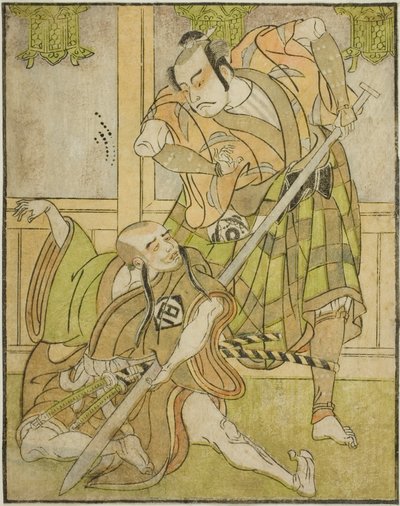 1770 年 11 月在中村剧场演出的《鵺之森一叶之马托》中饰演信赖的演员笠屋松九郎二世（右）和饰演俗僧罕比约尼多的演员宫崎八藏（左）。 作者 胜川俊章