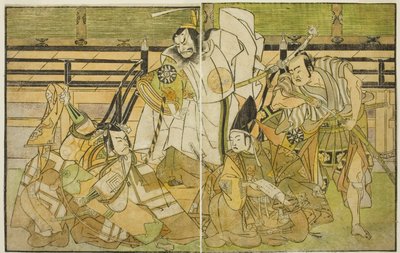 演员 Nakamura Denkuro II 饰演 Seno-o Taro，Ichikawa Komazo II 饰演 Yorimasa，Nakamura Nakazo I 饰演 Taira no Kiyomori，Ichikawa Danjuro V 饰演 Kiou Takiguchi（从右至左），在中村剧场演出的话剧《Nue no Mori Ichiyo no Mato》中。 作者 胜川俊章