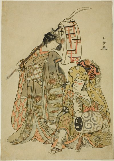 演员中村中藏一世饰演扮成狮子舞者角兵卫（角兵卫狮子）（右），濑川菊之条三世饰演静香御前（左），在舞蹈片段 "Myoto-zake Kawaranu Nakanaka"（婚姻之杯的永恒和谐）中，选自《濑川菊之条三世》。 作者 胜川俊章