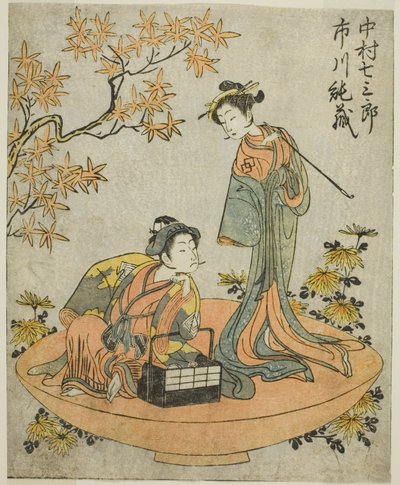 演员中村七三郎三世（右）和市川淳三一世（左）在《鵺之森一之马托》中的表演，1770 年 11 月在中村剧场演出 作者 胜川俊章