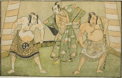 演员中村助五郎二世饰演松野五郎（右）、小野江菊五郎一世饰演曾我太郎（中）、大谷弘治三世饰演河津三郎（左），1770 年 11 月在市村剧场演出的话剧《妙音菊伊豆之纪》（Myoto-giku Izu no Kisewata）中。 作者 胜川俊章