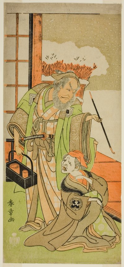 1769 年 11 月在中村剧场演出的戏剧《川流花坂前八之纪》中饰演卡拉希巴巴的中村右卫门一世（右）和饰演三鸠的市川团十郎四世（左）。 作者 胜川俊章