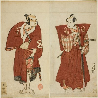 1770 年 11 月在市村剧场演出的话剧《Myoto-giku Izu no Kisewata》中饰演八幡三郎的小野江松介一世（右）和饰演夜叉江平的大谷友右卫门一世（左）。 作者 胜川俊章