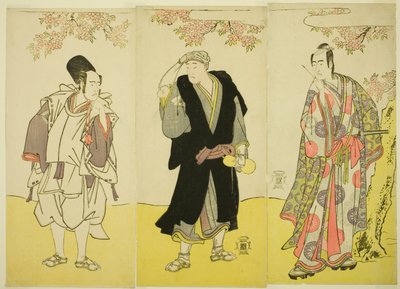 泽村宗十郎三世饰演草之木立脇正藏（右），小野江松介一世饰演僧人佐平保津（中），市川耀造三世饰演王子的仆人草之木乌拉米之助（左）。 作者 胜川俊章