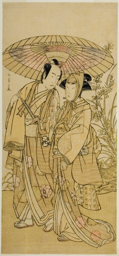 濑川菊之条三世（右）和万户光五郎一世（左）在《歌舞伎之花万代曾我》中饰演杂货商咸兵卫，1781 年 4 月在市村剧院演出 作者 胜川俊章