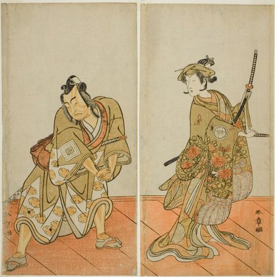 1774 年 11 月在市村剧场演出的《千乡樱花珠山金》中饰演爱乡之华的濑川菊之丈三世（右）和饰演八尾丸荒鸟的市川耀造二世（左）。 作者 胜川俊章