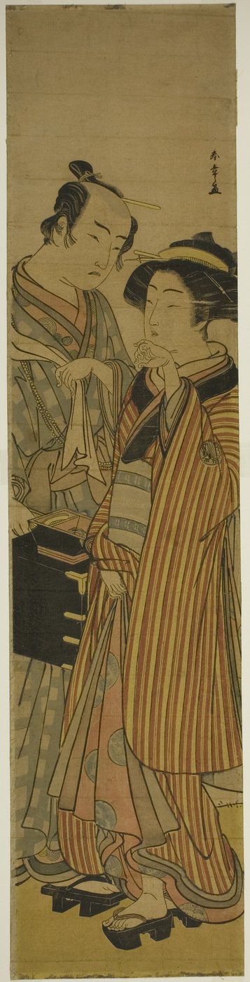 1776 年 3 月在中村剧场演出的戏剧《Koi Musume Mukashi Hachijo》中饰演大驹的演员濑川菊之条三世（右）和饰演理发师小花齐三郎的岚三郎三世（左）。 作者 胜川俊章