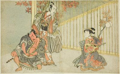 山下金作二世饰演 Mutsuhana（右），Bando Mitsugoro I 饰演 Kashiwagi no Emon（中），Nakamura Sukegoro II 饰演 Akamatsu Mushanosuke（左）：月也照耀吉原 作者 胜川俊章