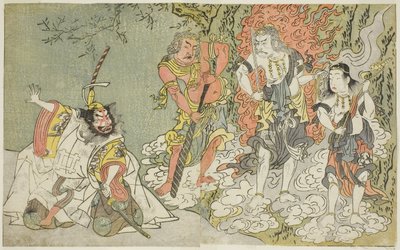 约 1771-72 年 11 月在森田剧场上演的剧目 Fuki Kaete Tsuki mo Yoshiwara（《重修屋顶：月亮也照耀吉原游乐区》）（木刻版画） 作者 胜川俊章