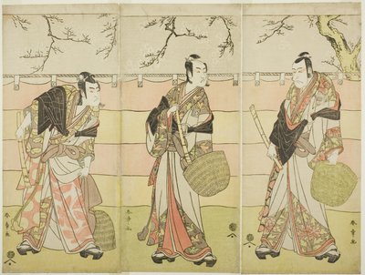 三个小武藏和尚：话剧《和歌村崎江户僧曾我》第六幕中饰演工藤肃宗（右）的演员市川惠比藏（丹朱郎五世）、饰演曾我之十郎肃宗（中）的演员市川门之助二世和饰演曾我之五郎时宗（左）的演员市川梅藏一世。 作者 胜川俊章