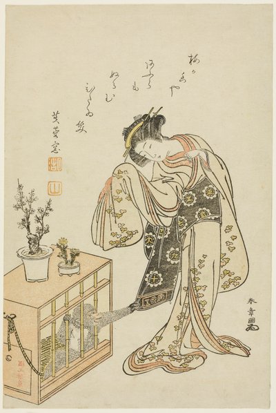 笼猴少女（1776 年新年日历版画） 作者 胜川俊章