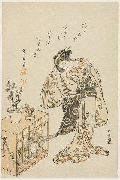 笼猴少女（1776 年新年日历版画） 作者 胜川俊章