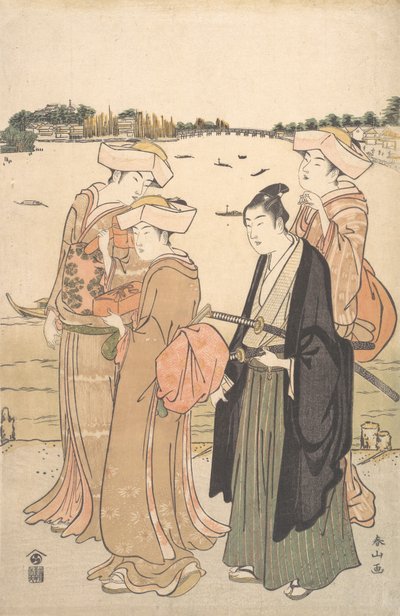 一个年轻的武士和三个女人，约1789年。 作者 胜川顺山