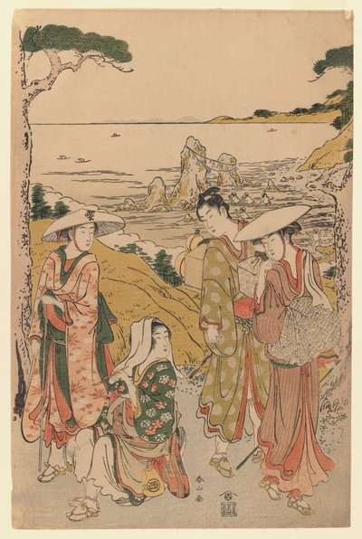 来自Yedo朝圣者的公司，位于Futami海滩后面山上的茶馆外，欣赏美景，1795年（彩色木版画） 作者 胜川顺山